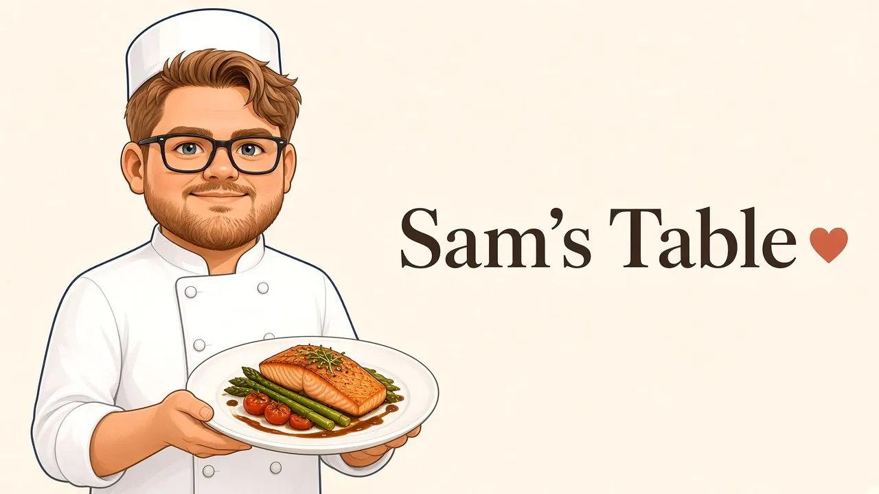 Cartoon of Sam in chef whites holding a plate of salmon and asparagus, next to the Sam's Table wordmark with a heart