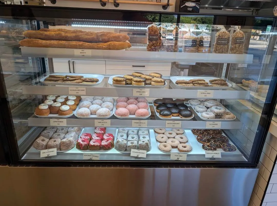 Donuts and pastries in the case at Bonrue Bakery