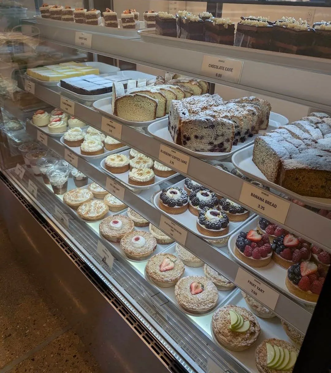 Cakes and pastries in the case at Bonrue Bakery