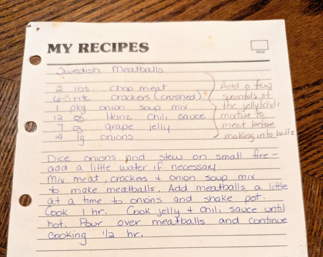 Grandma's handwritten recipe card for Swedish meatballs
