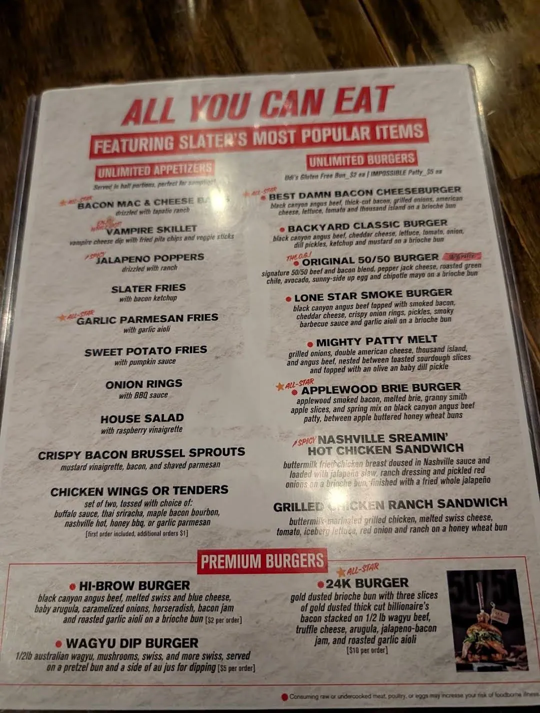 Slater's 50/50 All You Can Eat menu